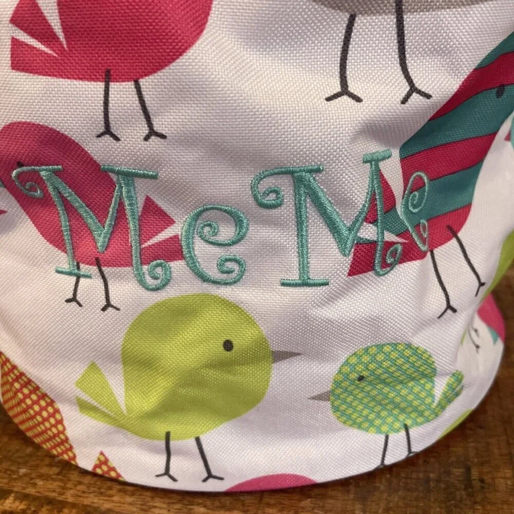 Thirty one bag cinch top round Storage Bin Pink Chickadees Birds Embroidery MeMe